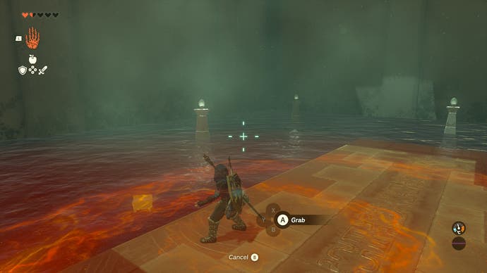 Link using his Ultrahand ability to pull a hidden treasure chest from a pool of water in the Jonsau Shrine.
