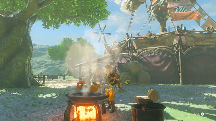 在《塞尔达传说:王国之泪》中Link使用烹饪锅。