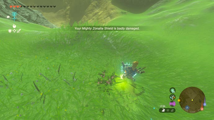 Link shield surfs in Zelda: Tears of the Kingdom with a warning about shield durability