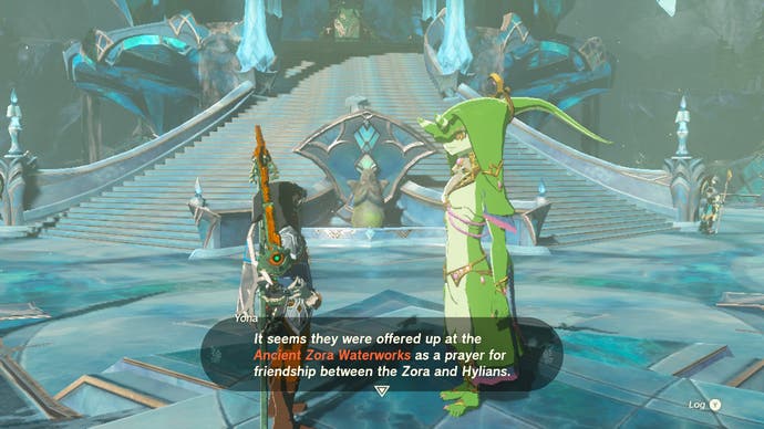 Link talking to Yona about finding the Zora Greaves.