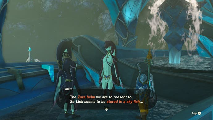 Link talking to Khira about the Zora Helm in The Legend of Zelda: Tears of the Kingdom.