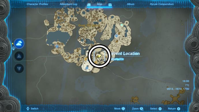 Map showing the location of ancient arowana in The Legend of Zelda: Tears of the Kingdom.