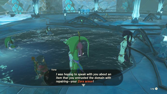 Link talking to Yona as he treads water in a pool at the Zora's Domain location.