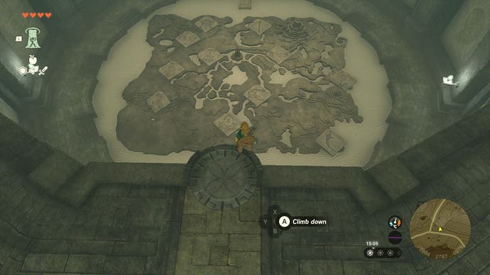 Link looking at a map found in the Forgotten Temple in Tears of the Kingdom.