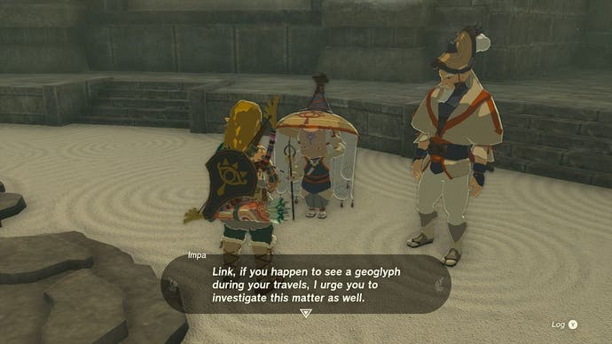 Link talking to Impa while Cado stands beside her in the Forgotten Temple.