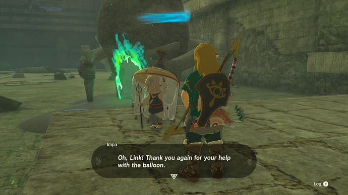 Link talking to Impa about her hot air balloon in the Forgotten Temple.