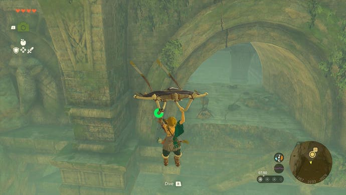 Link gliding towards the entrance of the Forgotten Temple.