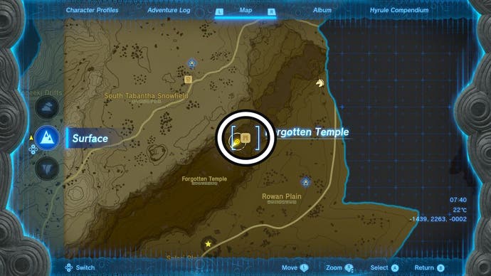 Map showing the location of the Forgotten Temple in The Legend of Zelda: Tears of the Kingdom.