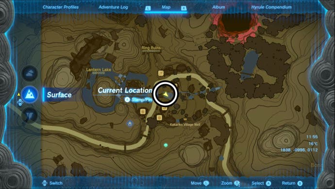 Carte montrant l'emplacement de la statue de déesse du village de Kakariko dans la légende de Zelda: larmes du royaume