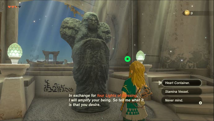 Lien échangeant la lumière des bénédictions dans une statue de déesse dans la légende de Zelda: les larmes du royaume