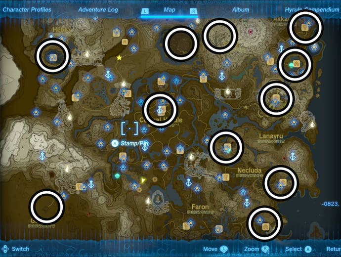 Carte montrant les emplacements des statues de déesse à Zelda: larmes du royaume
