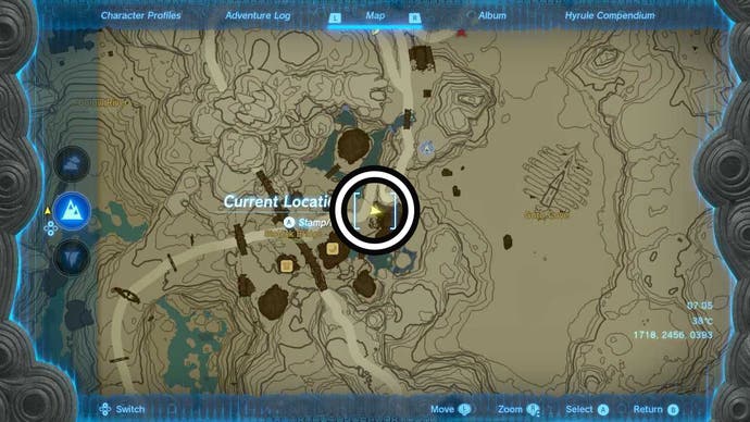 Carte montrant l'emplacement de la statue de la déesse de la ville de Goron dans la légende de Zelda: larmes du royaume