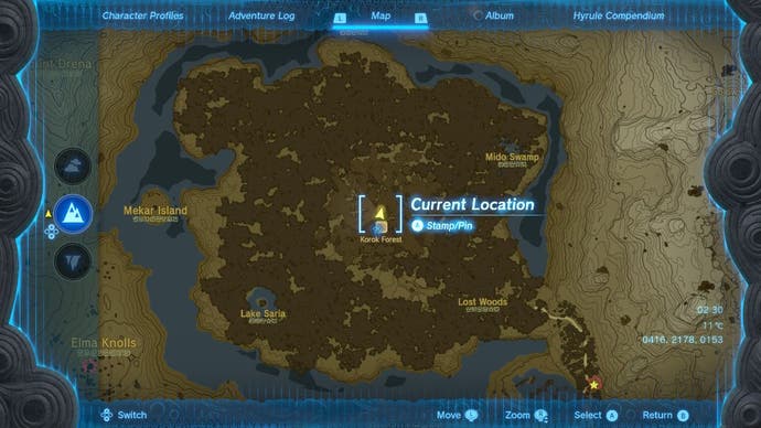 Carte montrant l'emplacement de la statue de la déesse de la forêt de Korok dans la légende de Zelda: larmes du royaume