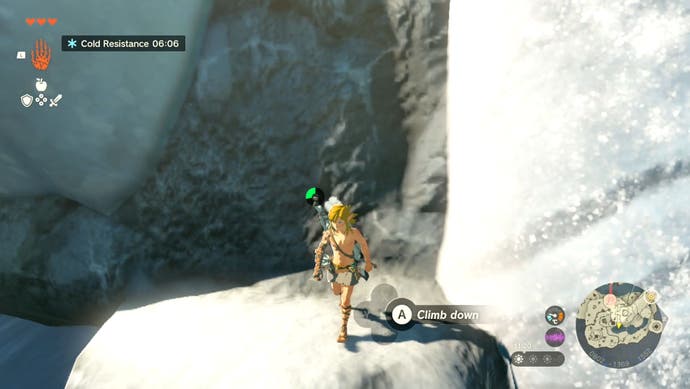 画面显示林克站在一个小岩石点上，玩家可以在爬上瀑布旁边的悬崖时休息一下。