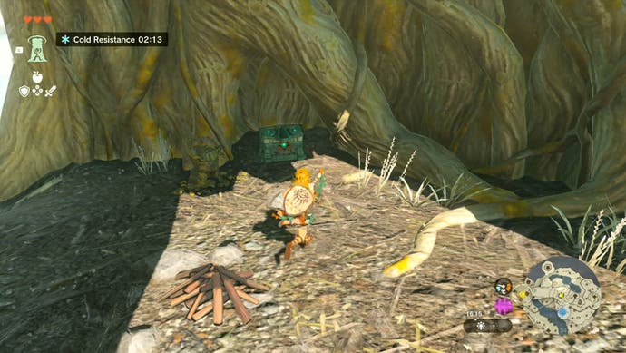 Link approaching a treasure chest that's hidden inside a tree in The Legend of Zelda: Tears of the Kingdom.
