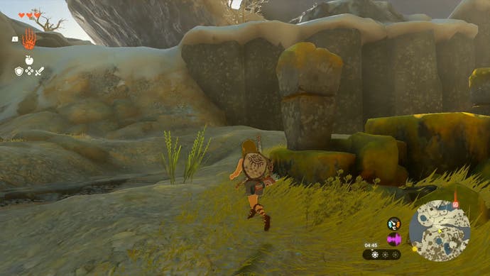 在《塞尔达传说:王国之泪》中，当玩家前往Gutanbac神殿时，林克正在接近一块岩石。