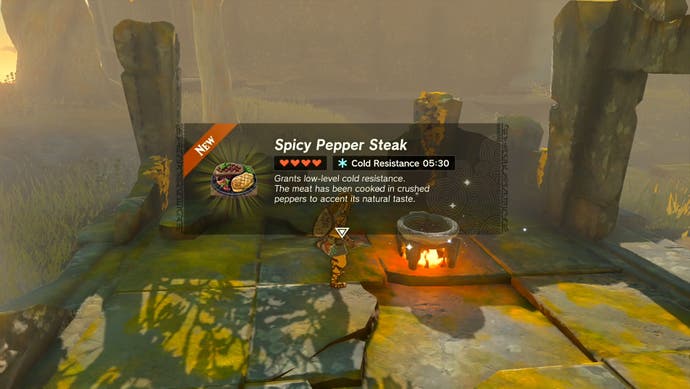 图片来自《塞尔达传说:王国之泪》，显示了玩家在前往Gutanbac神社的途中烹饪的辣椒牛排的游戏描述。