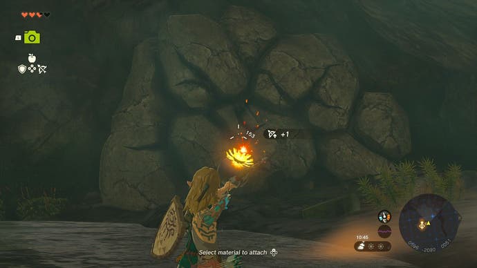 Link getting ready to fire a bomb at a large rock the player wants to destroy in Tears of the Kingdom.