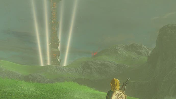 Link standing in a field in Hyrule with the Popla Foothills Skyview Tower in the distance in The Legend of Zelda: Tears of the Kingdom.