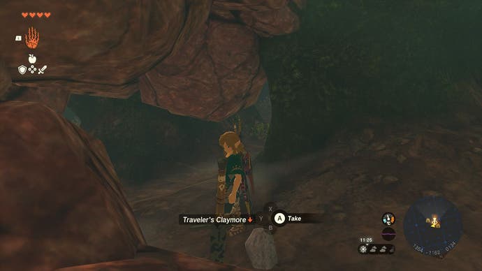 Uma caverna é revelada depois que Link destrói uma parede de rochas quebráveis na caverna de Sahasra Slope