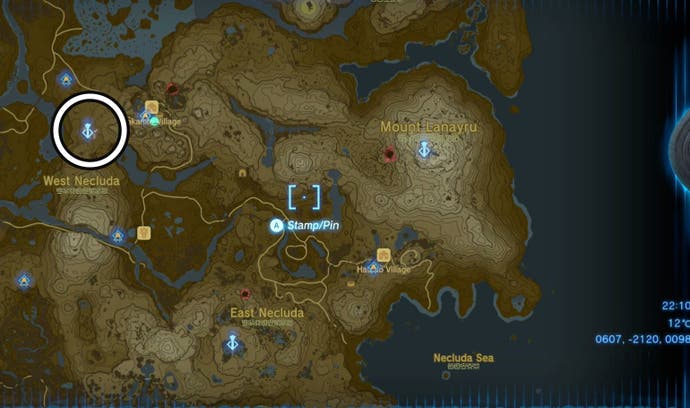 Map showing the location of the Sahasra Slope Skyview Tower in The Legend of Zelda: Tears of the Kingdom.