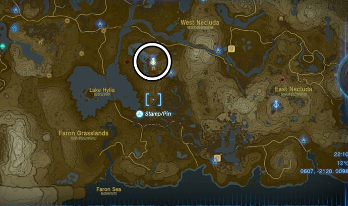 Map showing the location of the Popla Foothills Skyview Tower in Zelda: Tears of the Kingdom.