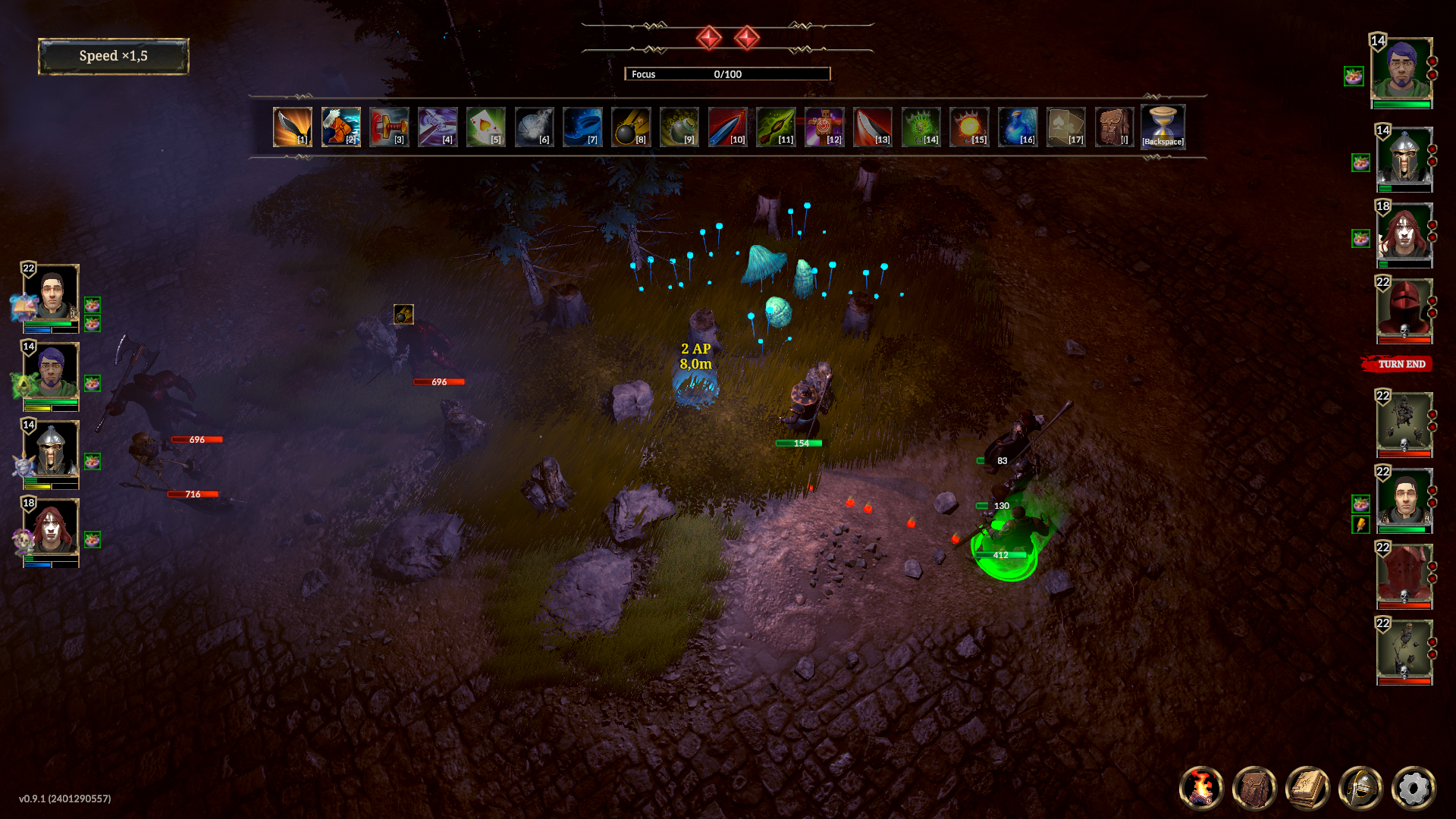 Sekelompok pahlawan fantasi melawan kerangka dan penjaga di hutan di Zoria: Age Of Shattering