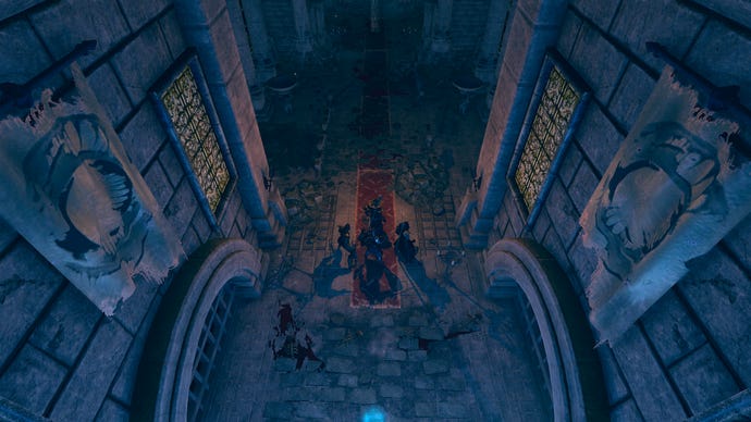 A party of fantasy heroes enter a stone castle hallway in Zoria: Age Of Shattering