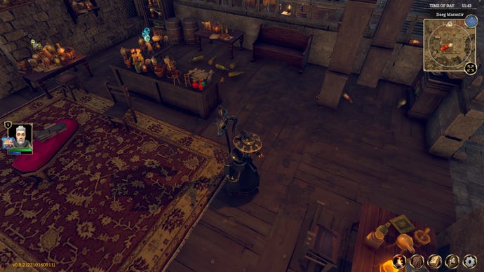 A wizard walks through a room of alchemical instruments in Zoria: Age Of Shattering