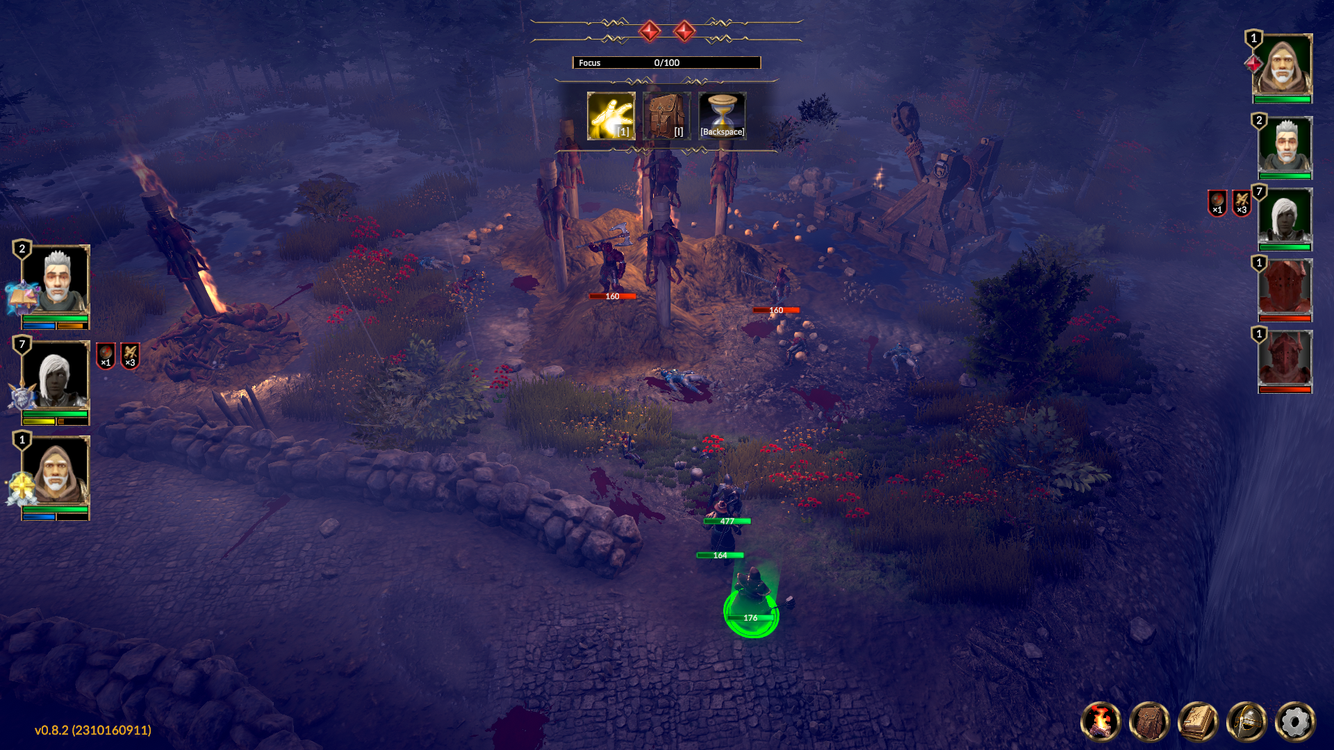 Sekelompok pahlawan fantasi melawan penjaga di sekitar tiang api di malam hari di Zoria: Age Of Shattering