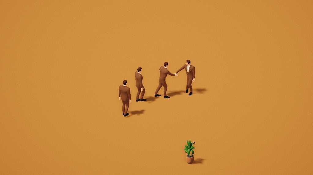 A Firm Handshake - Two small, low-poly people in suits shake hands in a yellow void.