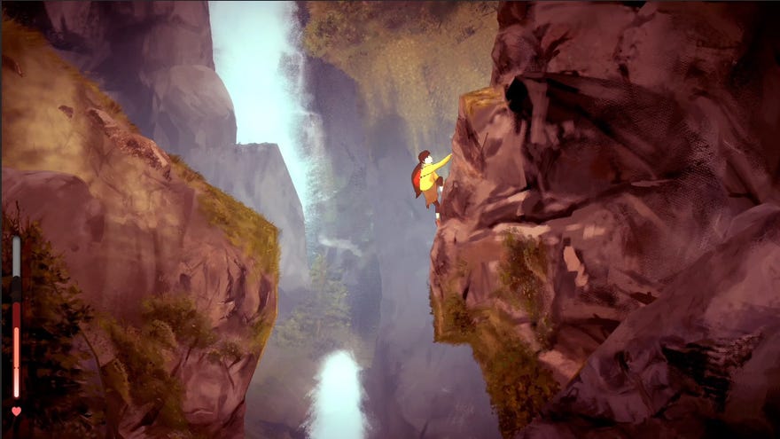 Climbing a cliff in a screenshot from A Highland Song.