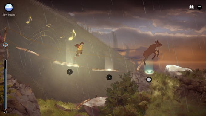 A Highland Song screenshot showing Moira chasing a deer to musical jump prompts