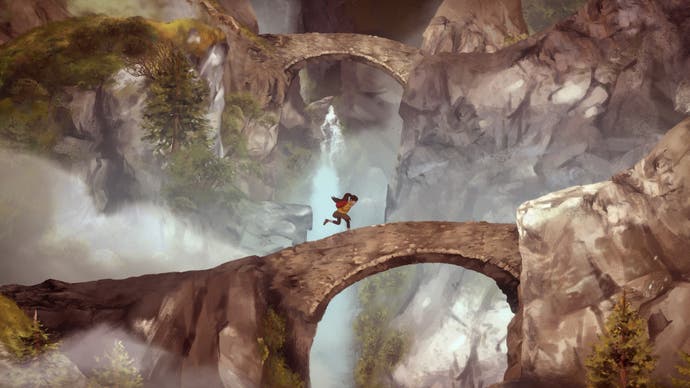 A screenshot from A Highland Song showing the teenage protagonist crossing a stone bridge, with rocky cliffs, a cascading waterfall, and weather-battered trees - all hand-painted - visible behind her.