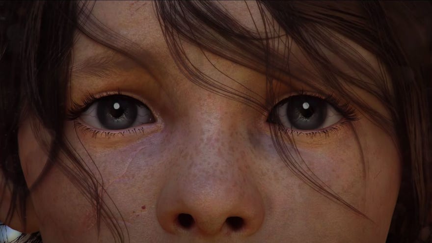 A close up from the trailer for A Plague Tale: Requiem, showing the eyes of small child Hugo, looking most concerned