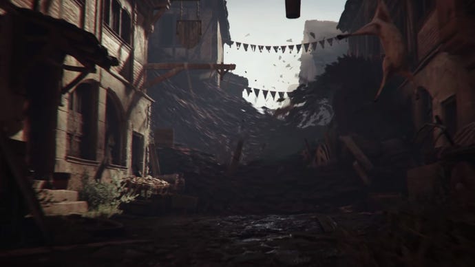 A screenshot from the reveal trailer for A Plague Tale: Requiem showing a huge tidal wave of rats sweeping down a deserted medieval town's street