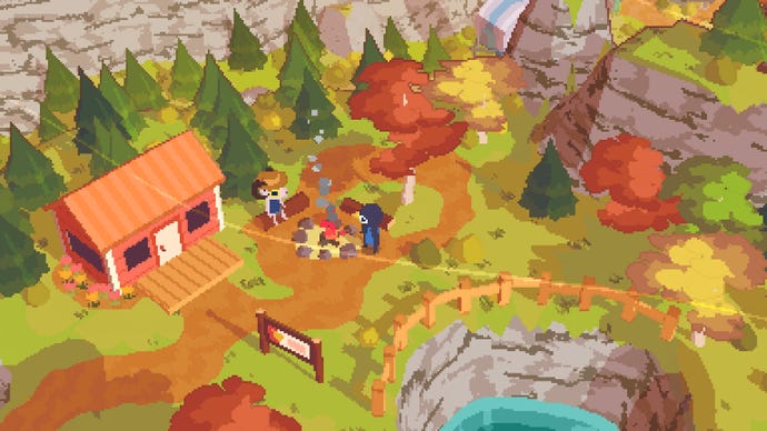 Ein Screenshot von einer kurzen Wanderung, die zwei Charaktere zeigt, die am Lagerfeuer kühlen