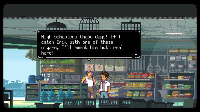 A shopkeeper berates a school boy in A Space For The Unbound