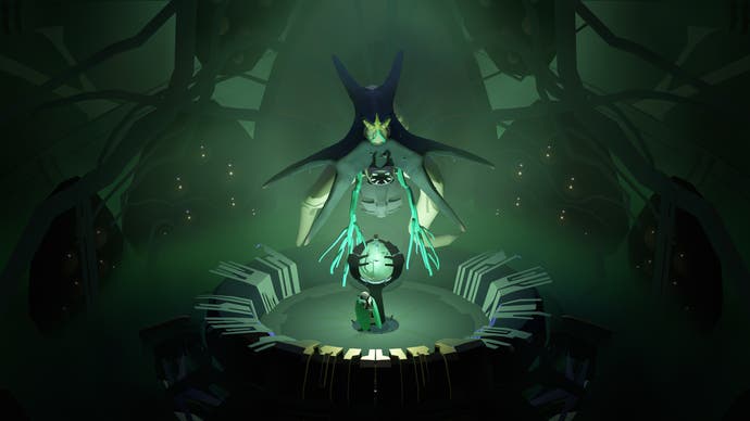 Screenshot from Cocoon showing a new boss rising above a green orb as the insectoid protagonist looks on