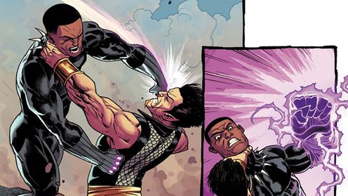 Namor and T’Challa engage in a brutal fist fight. From New Avengers (2013) #22. Written by Jonathan Hickman, Art by Kev Walker, Color Art by Frank Martin, Letters by Joe Caramagna.