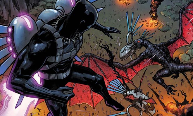 T'Challa descends onto a battlefield as a Symbiote Dragon attacks one of Wakanda's fighter planes.