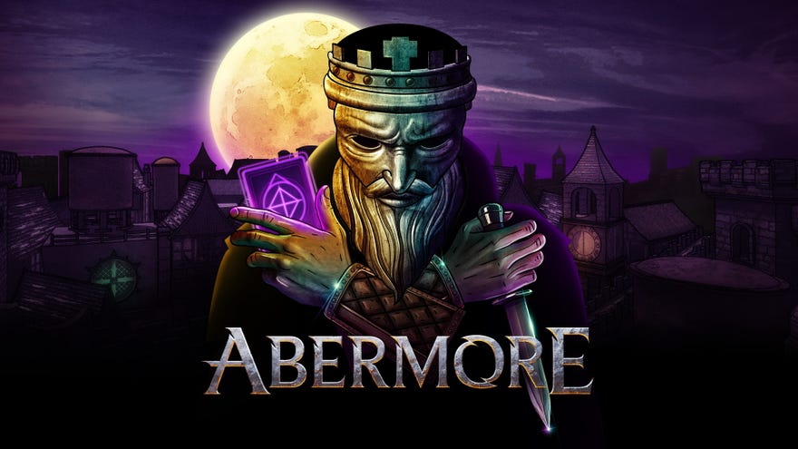 A masked king holds a dagger and a purple card deck against a full moon and dark village scene in Abermore