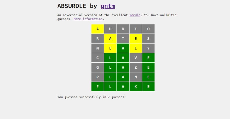 A screenshot of Absurdle, a Wordle variant where the winning word changes with each guess. That means this isn't a spoiler!