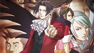 Miles Edgeworth points dramatically at the viewer, with some sort of black wing-like cloak billowing over his shoulder. He's surrounded by superimposed images of the faces of Kay Faraday, his sister Franziska von Karma, and Detective Gumshoe (whose face I had to cut-off halfway down to make the image format work; sorry, Gumshoe).