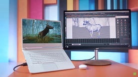 Acer's new laptop with a stereoscopic 3D display, connected to a monitor showing an animation program