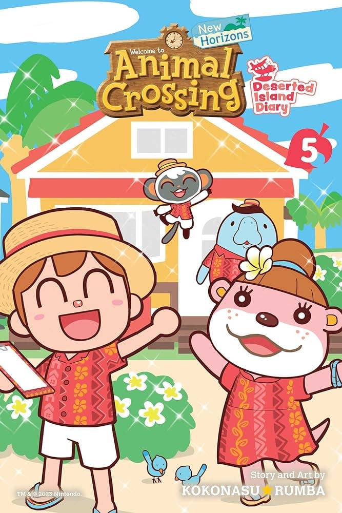 In einem vollfarbig illustrierten Manga-Cover für Animal Crossing stehen das Paradise Planning-Team und Coroyuki vor dem Paradise Planning-Gebäude und winken dem Betrachter fröhlich zu.
