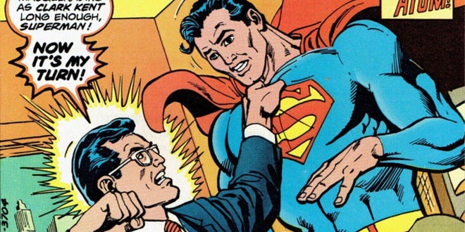 Clark Kent prepares to punch Superman
