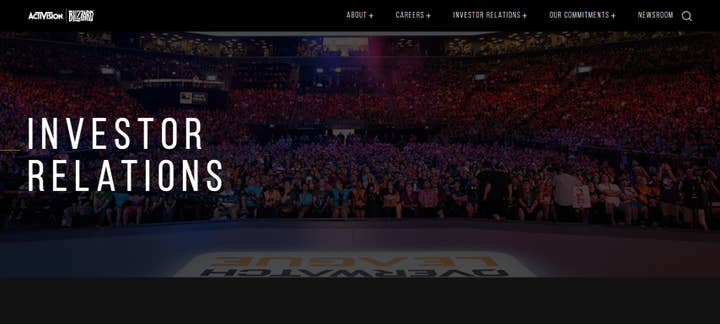 Activision Blizzard's IR site, with the words "INVESTOR RELATIONS" in front of a picture of an Overwatch League crowd. There's no other information on the screen.