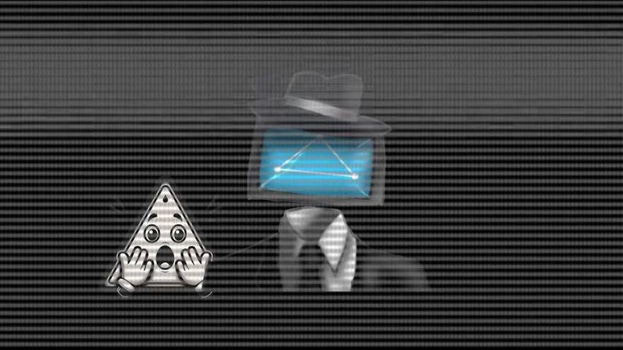 A teaser image for a new project from Daniel Mullins, showing a figure with a screen for a face and a hat, next to a cartoon of a triangle with a face, looking dismayed.