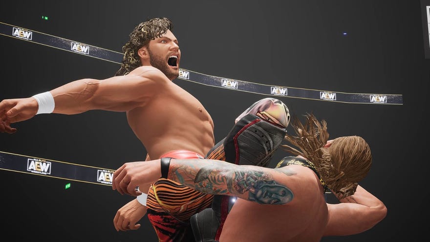 A screenshot of wrestler Kenny Omega kneeing another wrestler in the face in AEW: Fight Forever